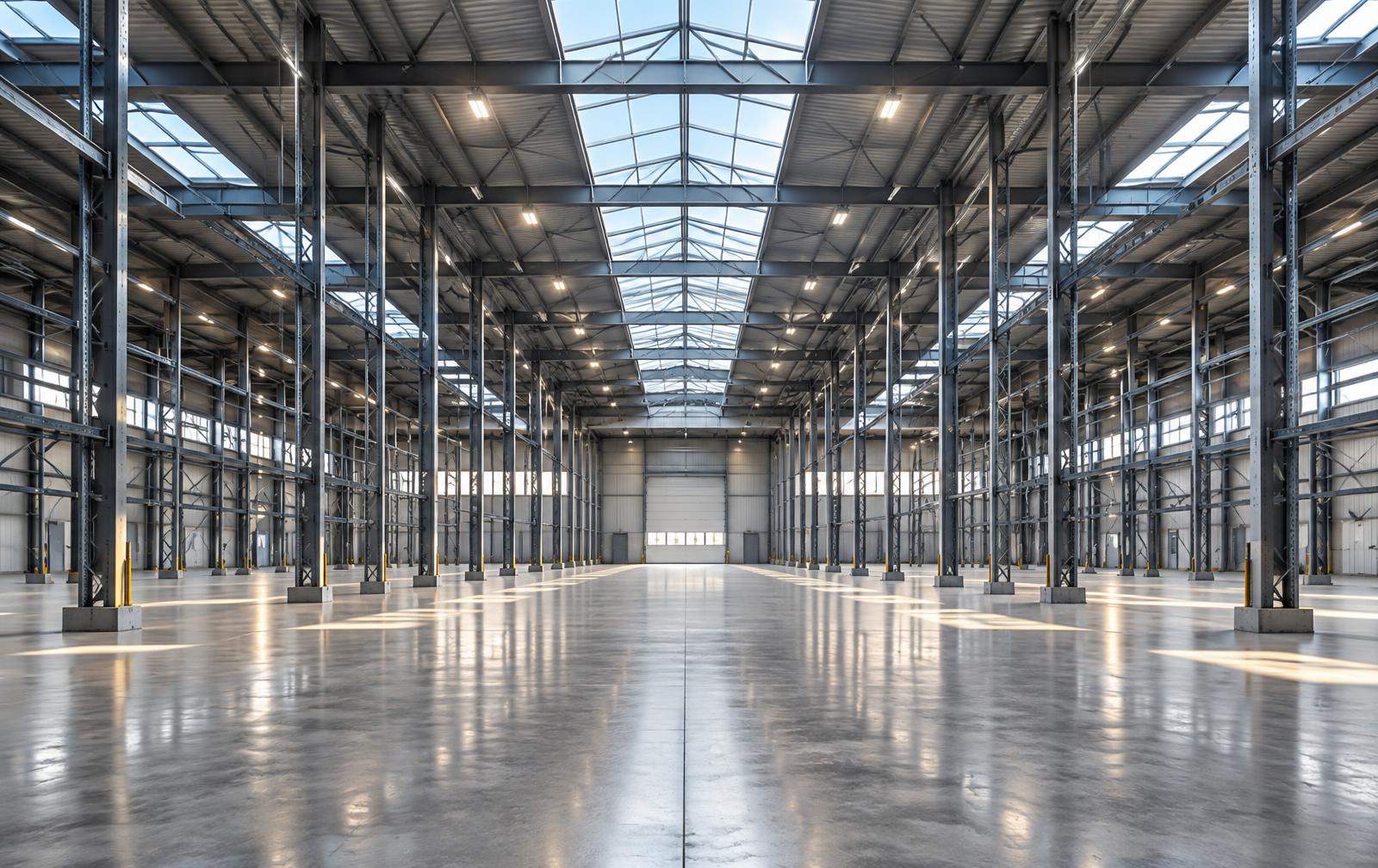 Interior of an empty high-clearance industrial warehouse